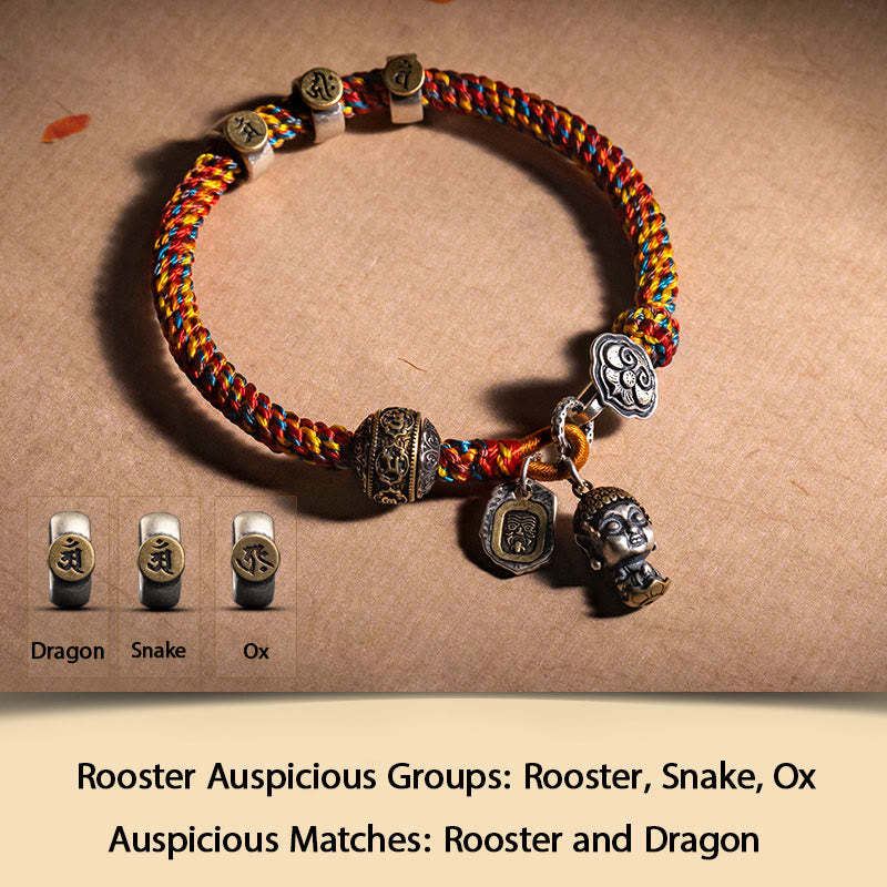 Handmade Tibetan 925 Sterling Silver Chinese Zodiac Natal mystic zen Zakiram Goddess of Wealth Protection Multicolored Rope Braided Bracelet