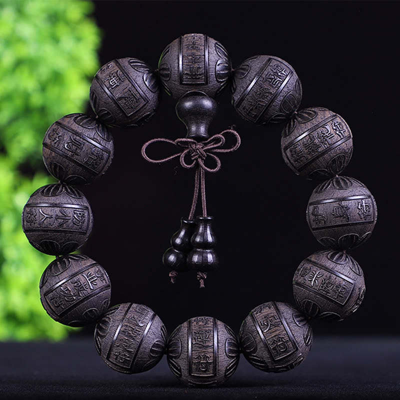 Chinese Zodiac Rosewood Ebony Boxwood Copper Coin PiXiu Carved Warmth Bracelet