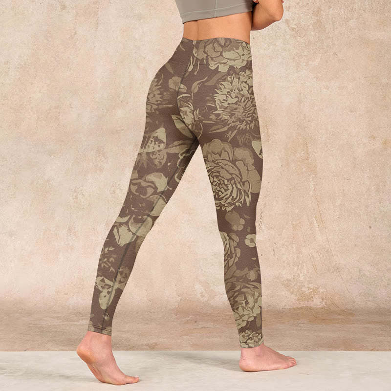 Peony Flowers Leaves Blossom Print Gym Fitness Leggings Women's Yoga Pants