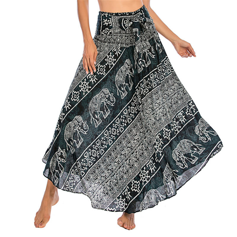 Two Style Wear Boho Elephant Geometry Lace-up Skirt Dress