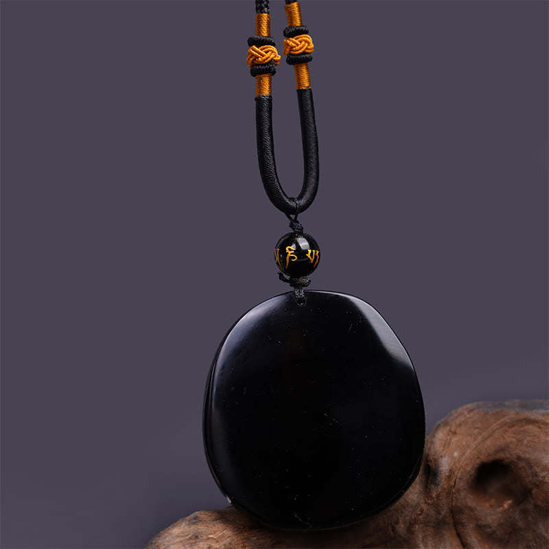 Natural Black Obsidian Round Dragon Carved Protection Necklace Pendant