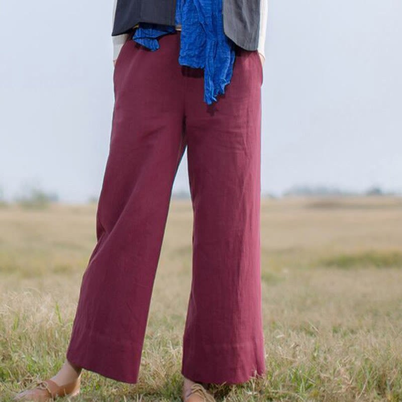 Casual Plain Loose Women's Ramie Wide Leg Pants With Pockets