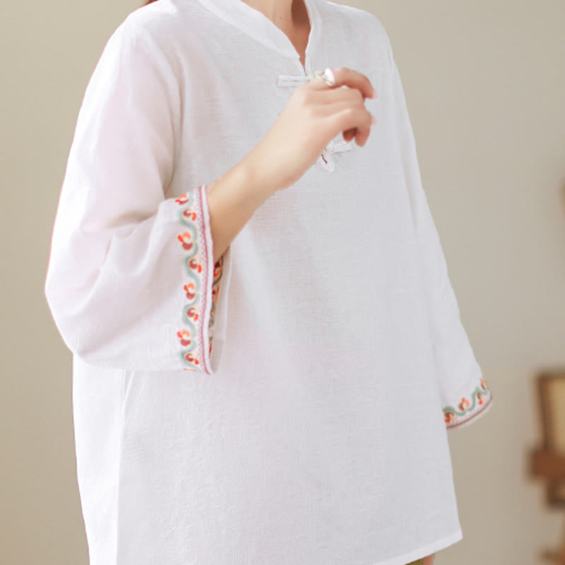 Casual Jacquard Frog-Button Women's Crew Neck Design Three Quarter Sleeve Cotton Linen Shirt