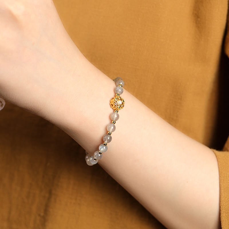 14K Gold Plated Natural Strawberry Quartz Labradorite Sun Stone Fu Character Positive Charm Bracelet