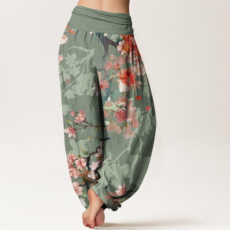 Red Pink Blooming Flowers Lush Branches Women's Elastic Waist Harem Pants