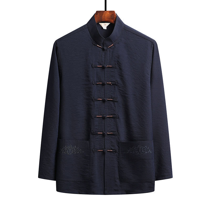 2Pcs Plain Tang Suit Men's Frog-Button Long Sleeve Shirt Pants Set