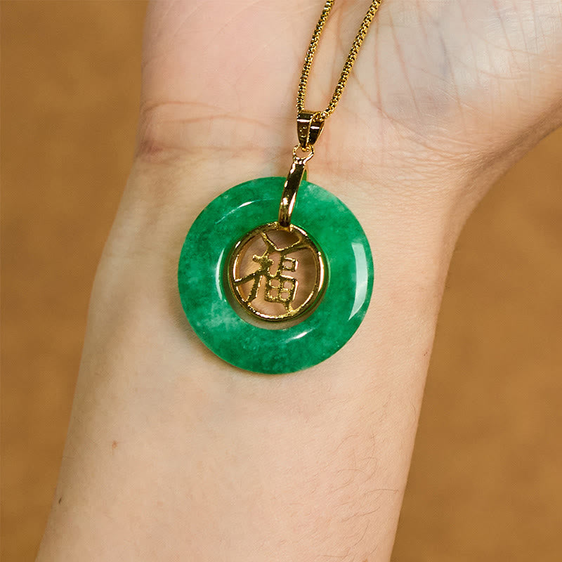 Cyan Jade Fu Character Peace Buckle Healing Luck Necklace Pendant