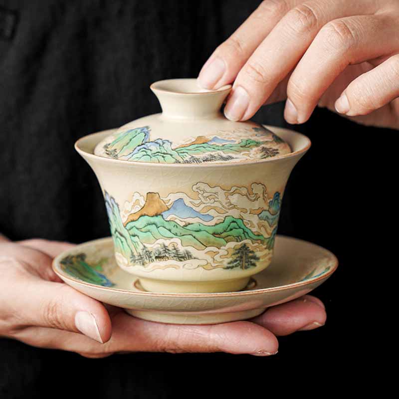 A Panorama of Rivers and Mountains Flowers Ceramic Gaiwan Sancai Teacup Kung Fu Tea Cup And Saucer With Lid