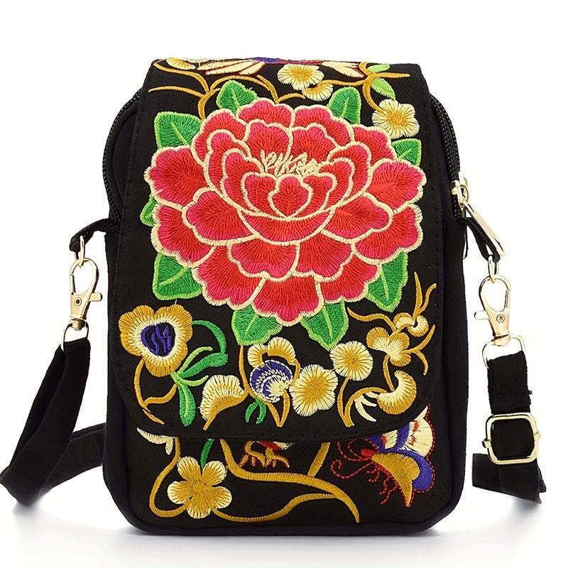 Inula Flower Peony Embroidery Canvas Shopping Purse Handbag Crossbody Bag