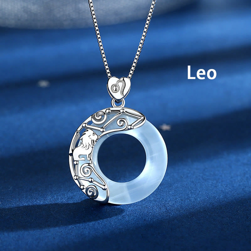 925 Sterling Silver 12 Constellations of the Zodiac Cat's Eye Love Support Necklace Pendant