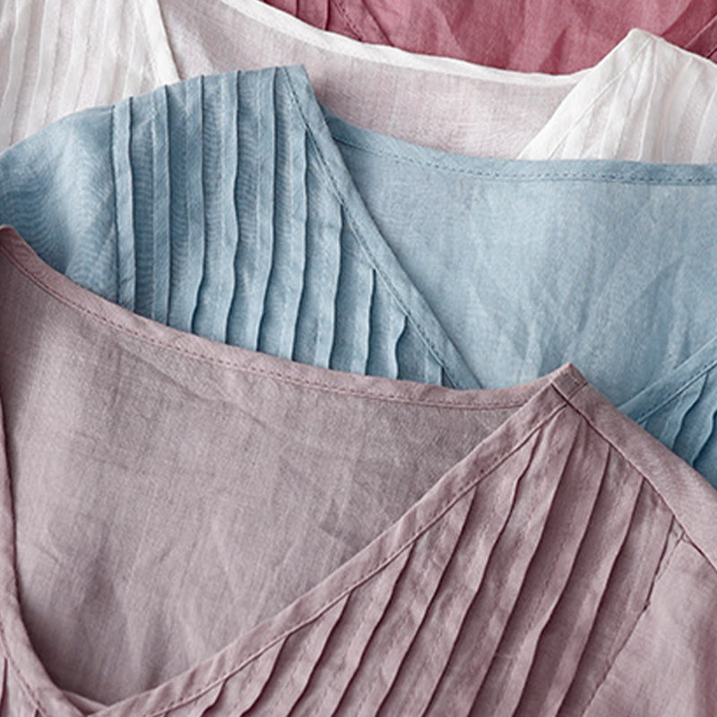 Casual Plain Loose Women's V-Neck Design Half Sleeve Cotton Linen Shirt