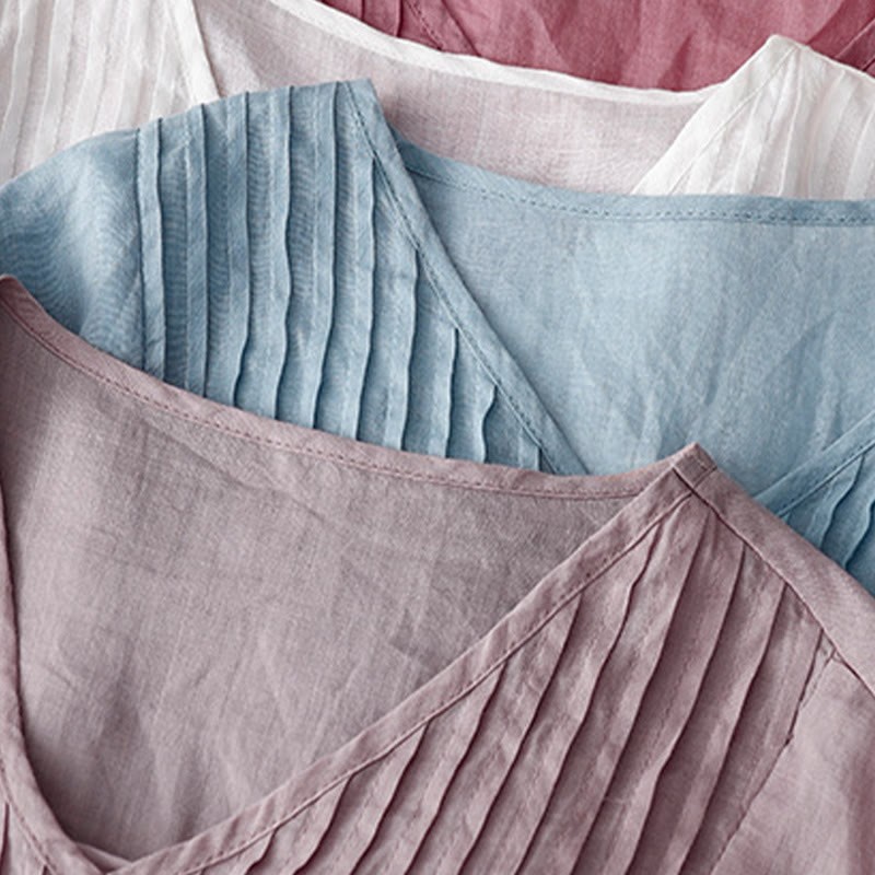 Casual Plain Loose Women's V-Neck Design Half Sleeve Cotton Linen Shirt