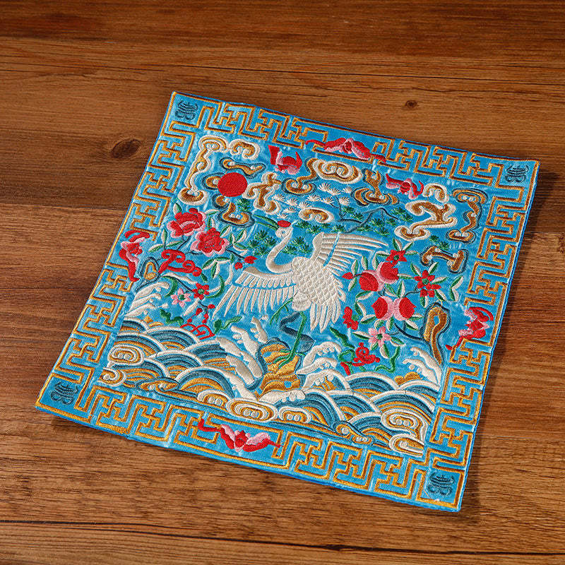 Crane Phoenix Dragon Kirin Embroidered Cup Mat Pad Tea Cup Coaster Square Kung Fu Tea Mat
