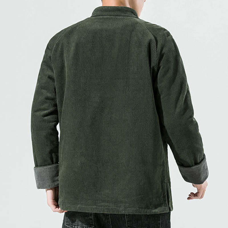 Frog-Button Chinese Tang Suit Stand Collar Long Shirt Corduroy Men Cotton Jacket Clothing