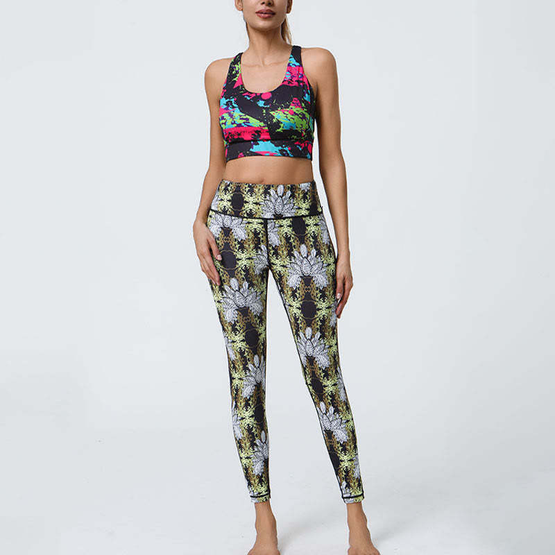 Flowers Geometric Mandalas Print Sports Fitness Yoga High Waist Leggings Women's Pants