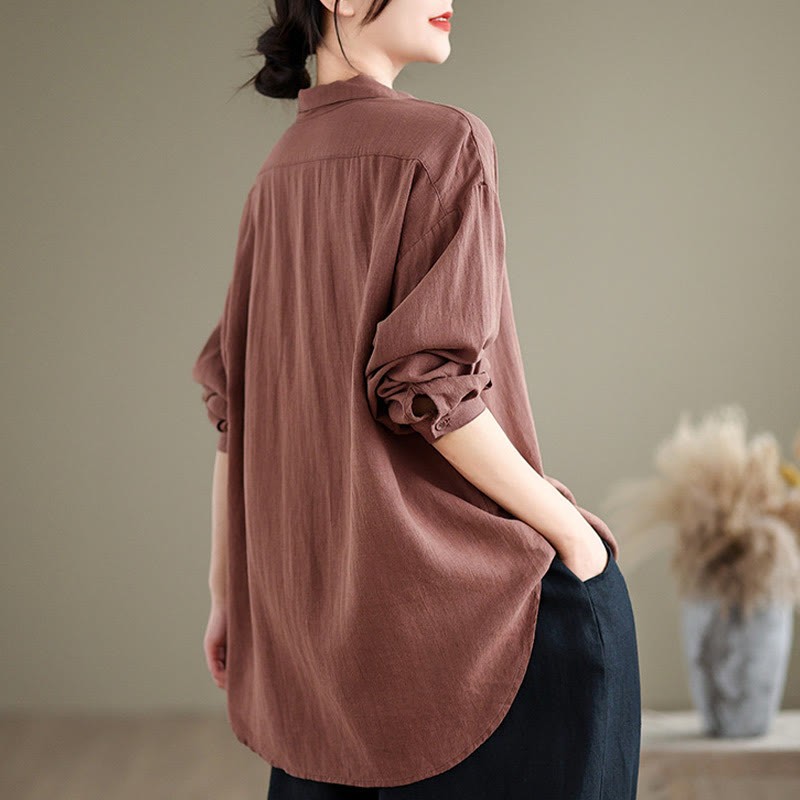 Flower Embroidery Long Sleeve Cotton Linen Women's Shirts