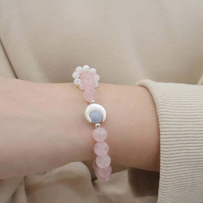 925 Sterling Silver Natural Amethyst Aquamarine Pink Crystal Cat's Eye Healing Crescent Moon Bracelet