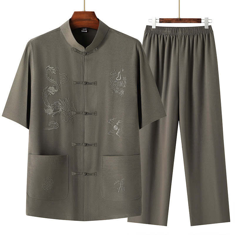 Tang Suit Hanfu Chinese Dragon Traditional Kung Fu Uniform Short Sleeve Tops and Pants Clothing Men's Set
