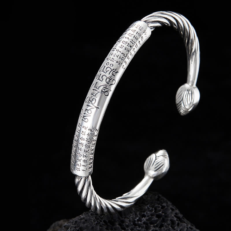999 Sterling Silver Six True Words Heart Sutra Braided Design Lotus Protection Bracelet Bangle
