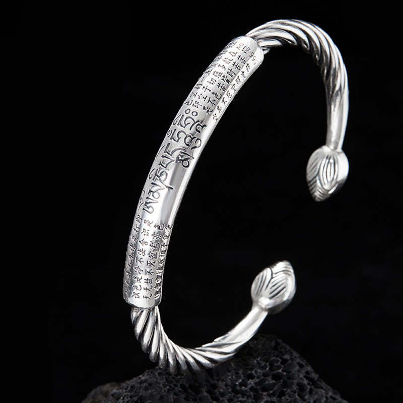 999 Sterling Silver Six True Words Heart Sutra Braided Design Lotus Protection Bracelet Bangle