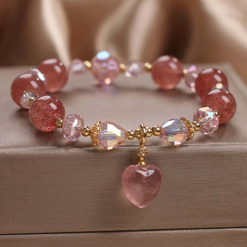 Natural Strawberry Quartz Crystal Love Heart Healing Positive Bracelet
