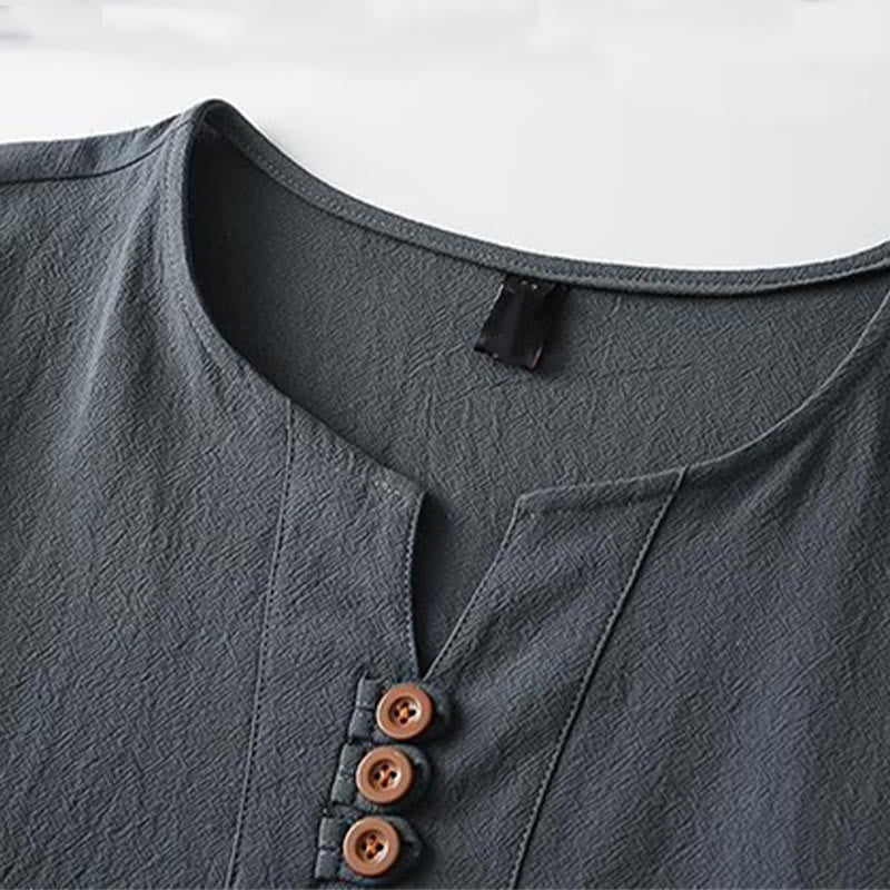 Solid Color V-neck Three Top Buttons Short Sleeve Cotton?linen Men's Shirt