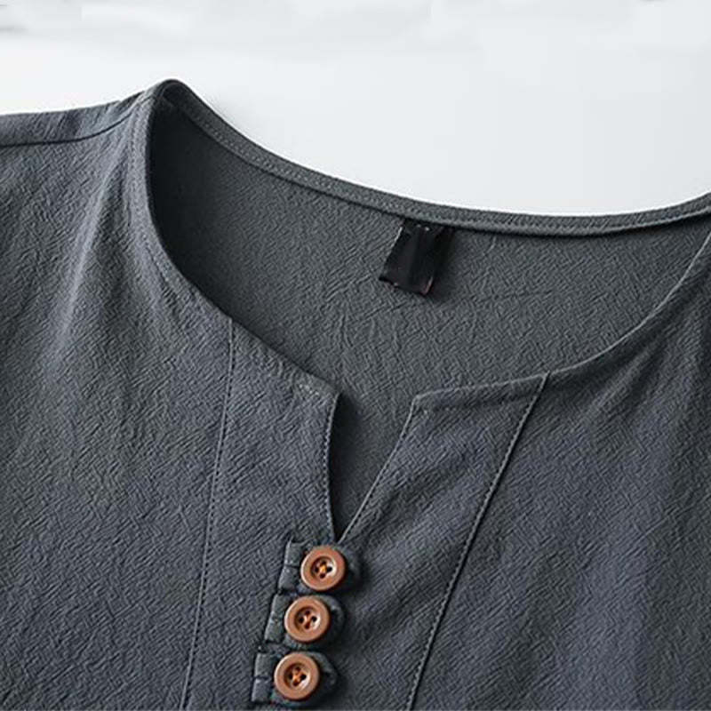 Solid Color V-neck Three Top Buttons Short Sleeve Cotton?linen Men's Shirt