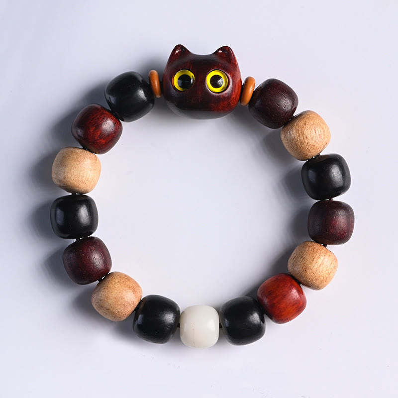 Small Leaf Red Sandalwood Ebony Wood Cute Cat Engraved Protection Bracelet