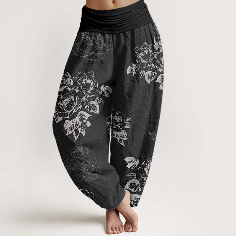 Casual Rose Peony Flowers Women's Elastic Waist Harem Pants