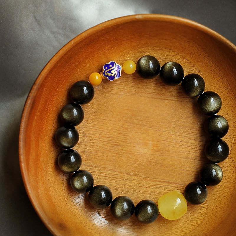 925 Sterling Silver Chinese Zodiac Natal mystic zen Natural Gold Sheen Obsidian Amber Wealth Protection Bracelet