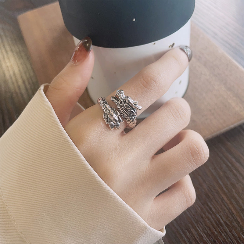 925 Sterling Silver Year Of The Dragon Luck Strength Adjustable Metal Ring