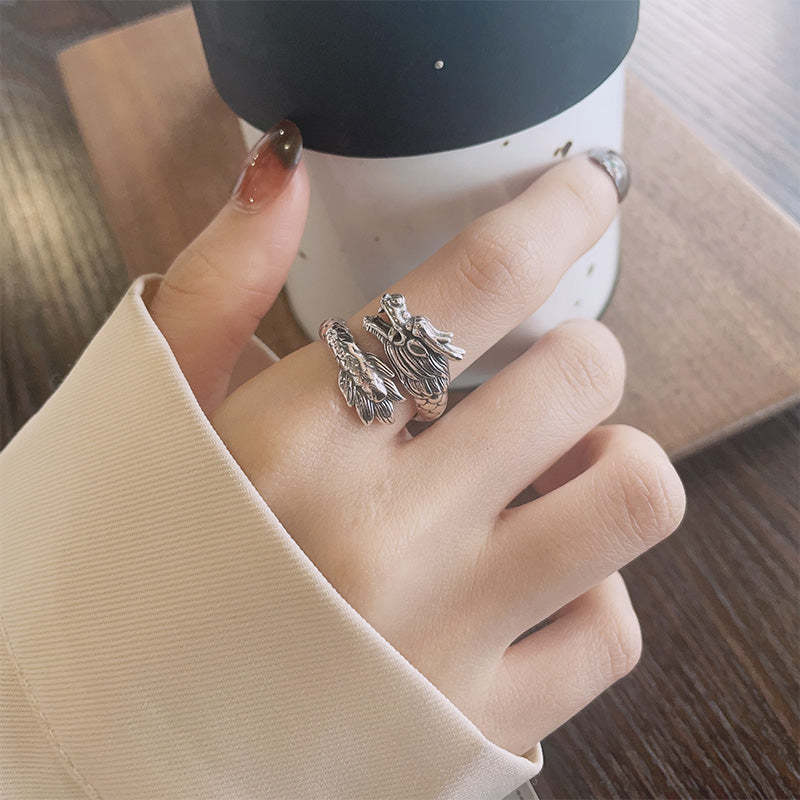 925 Sterling Silver Year Of The Dragon Luck Strength Adjustable Metal Ring