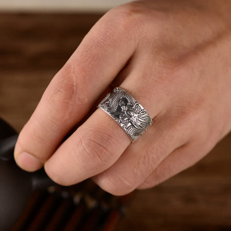 999 Sterling Silver Dragon Carved Pattern Protection Success Ring
