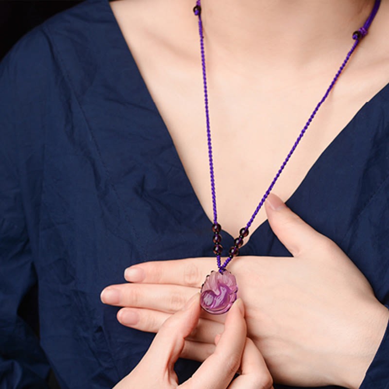 Natural Amethyst White Crystal Citrine Nine Tailed Fox Luck Necklace Pendant