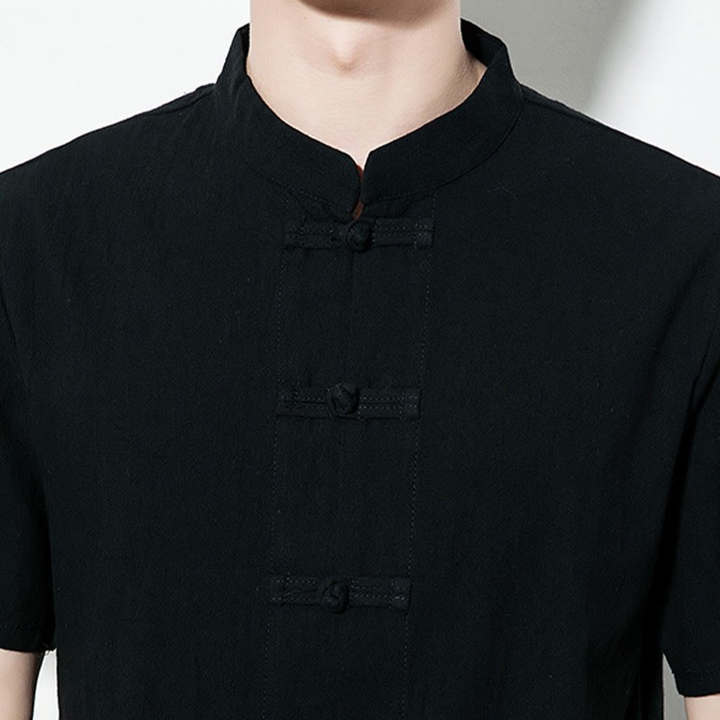 Casual Solid Color Front Frog Buttons Chinese Tang Suit Short Sleeve Linen Men's Shirt