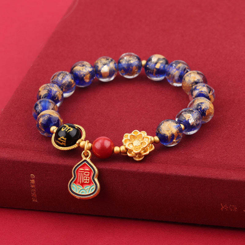 Tibet Om Mani Padme Hum Fu Character Gourd Charm Lotus Liuli Glass Bead Luck Bracelet