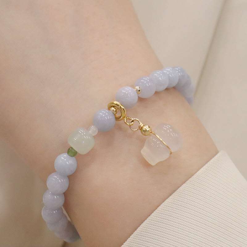 Natural Aquamarine Chalcedony Serenity Rabbit Gourd Cat Charm Bracelet
