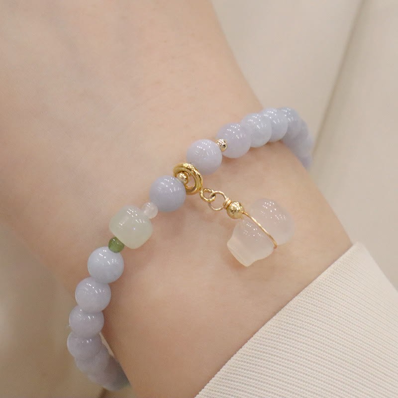 Natural Aquamarine Chalcedony Serenity Rabbit Gourd Cat Charm Bracelet