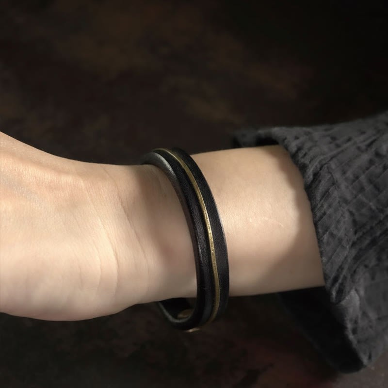 Vintage Leather Copper Brass Wire Healing Bangle Bracelet