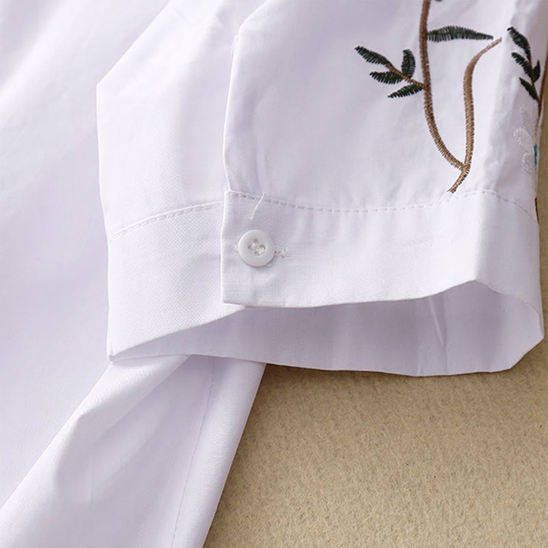 Summer Solid Color Embroidery Plants Flower Three Quarter Sleeve Lapel Button Cotton Women's Shirt