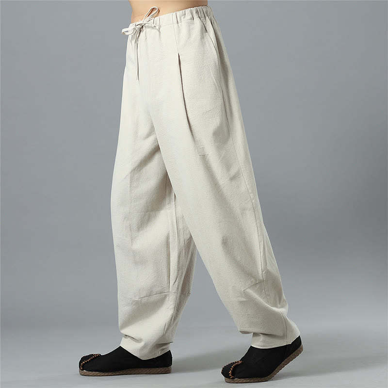 Casual Solid Color Drawstring Cotton Linen Men's Pants With Pockets