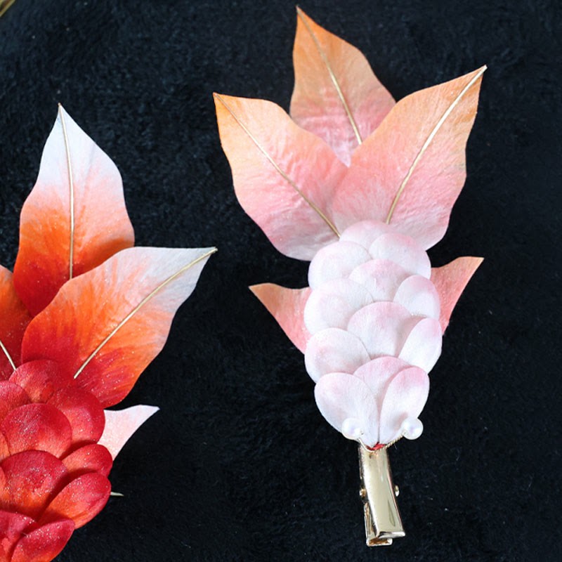 Handmade Yangzhou Velvet Flower Mulberry Silk Red Koi Fish Leaves Brooch Hair Clip