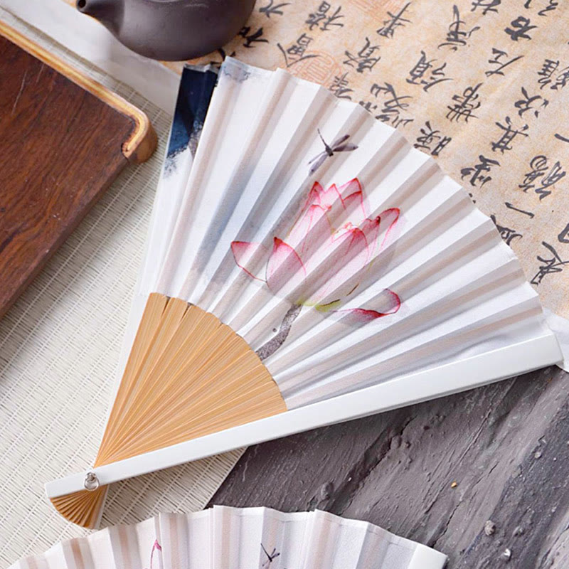 Chinese Characters Ink Painting Lotus Flower Leaf Landscape Handheld Huayao Crepe Polyester Bamboo Folding Fan 23.3cm