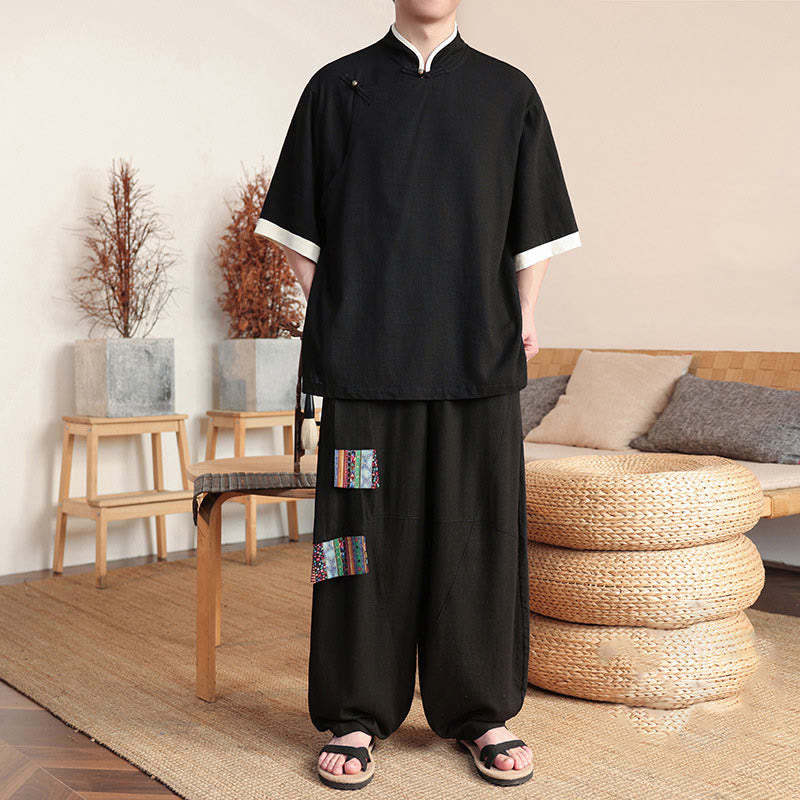 2Pcs Chinese Frog-button Men's Shirt Wide Leg Pants Meditation Cloth Set