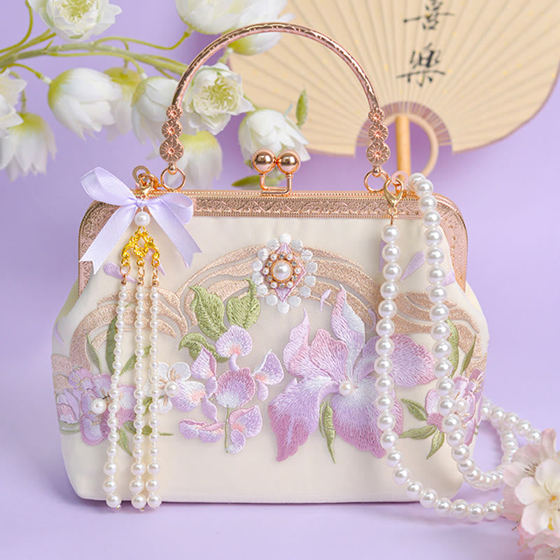Flowers Embroidered Tassel Pendant Pearl Metal Chain Crossbody Bag Handbags