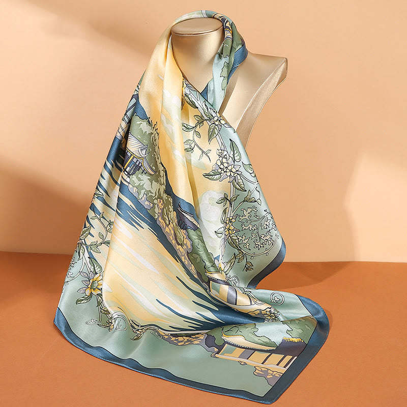 Pastoral Scene Hot Air Balloon Spring Blossom 100% Mulberry Silk Neck Hair Scarf