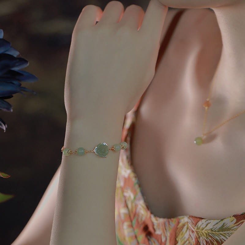 14K Gold Plated Hetian Jade Rose Flower Luck Chain Bracelet