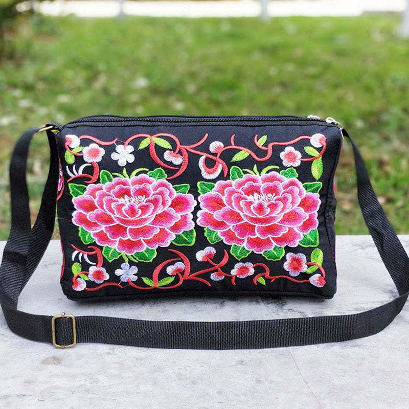 Galsang Inula Flower Peony Peacock Double-Sided Embroidery Canvas Shopping Purse Handbag Crossbody Bag