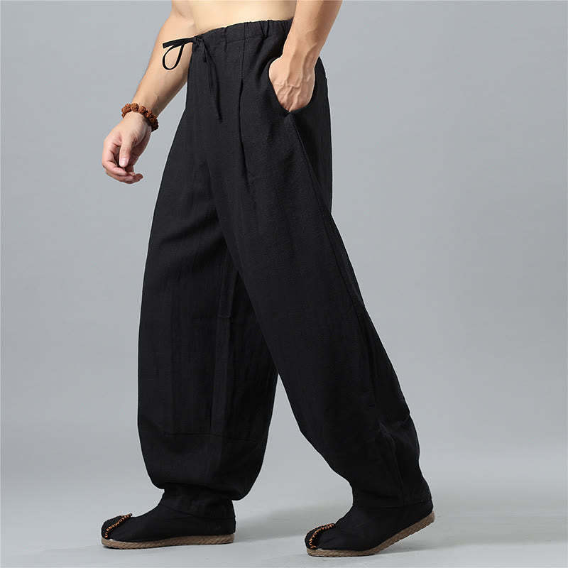 Casual Solid Color Drawstring Cotton Linen Men's Pants With Pockets