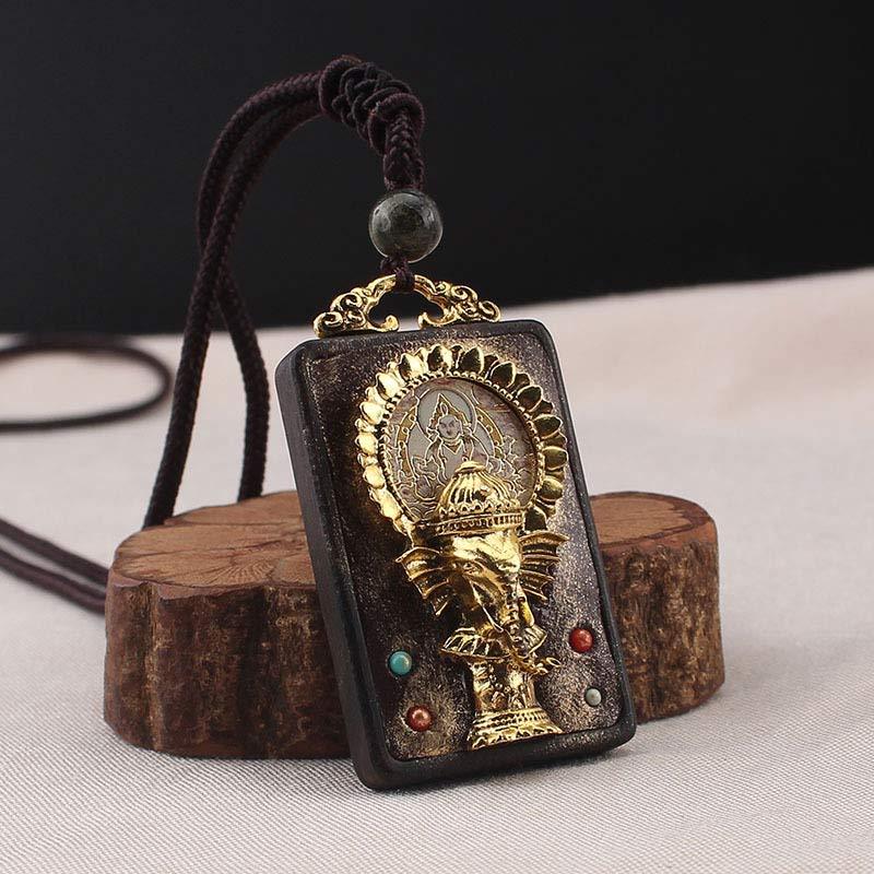 Ebony Wood Elephant God of Fortune mystic zen Blessing Necklace String Pendant